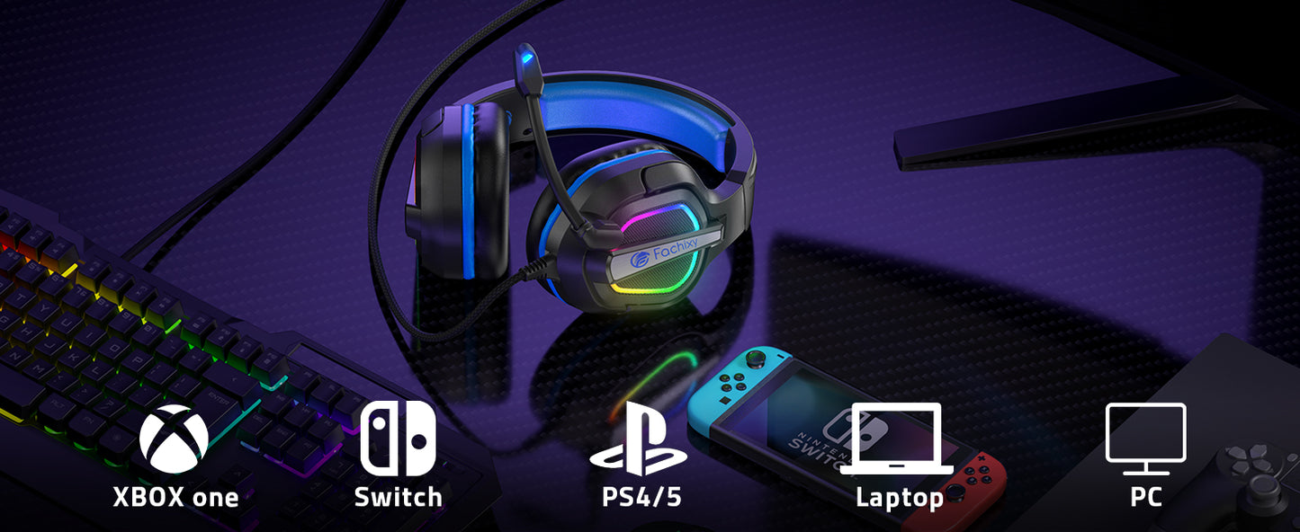 Fachixy FC200 Gaming Headset with Mic for PS4/PS5/PC/Mac/Xbox One, Noise Canceling Headset with Stereo Microphone Sound, Computer Headset with 3.5mm Jack & RGB Light