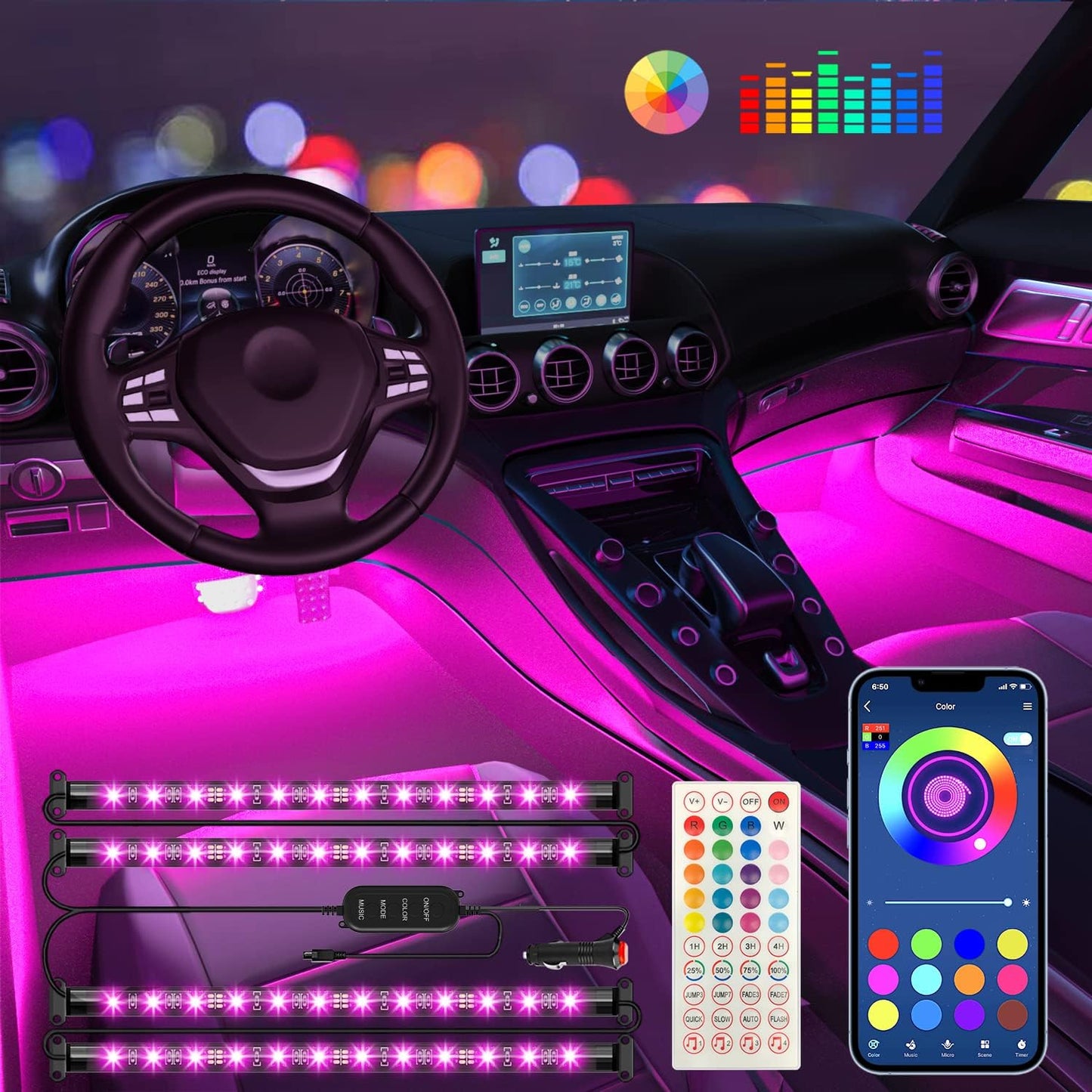 LED Car Interior Ambient Foot Strip Light Kit Backlight