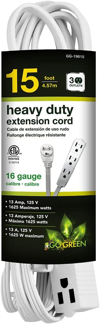 Go Green Power Inc. 15ft Extension Cord with 3 Outlets White