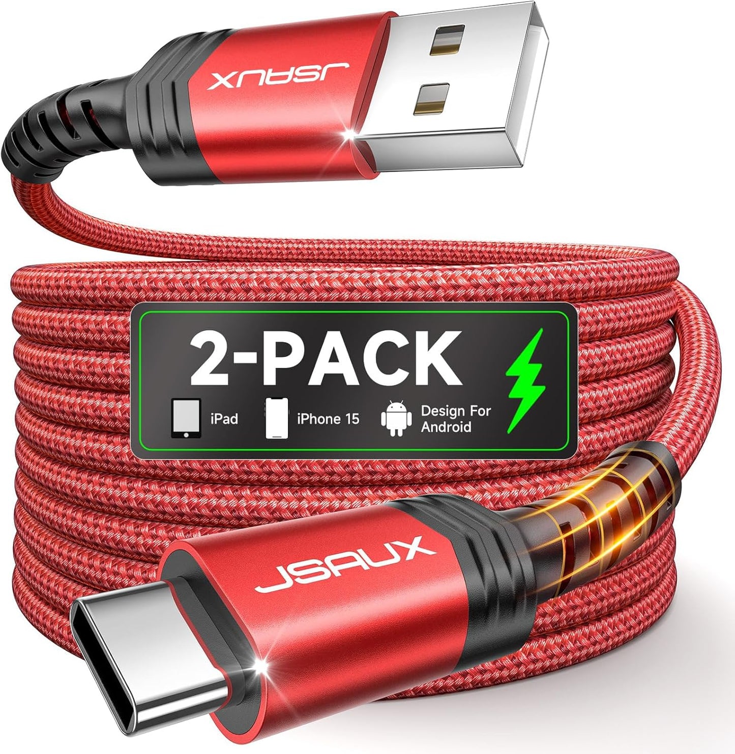 JSAUX USB C Cable 6.6FT 2-Pack, Fast Charging USB A to USB C Cord β Red