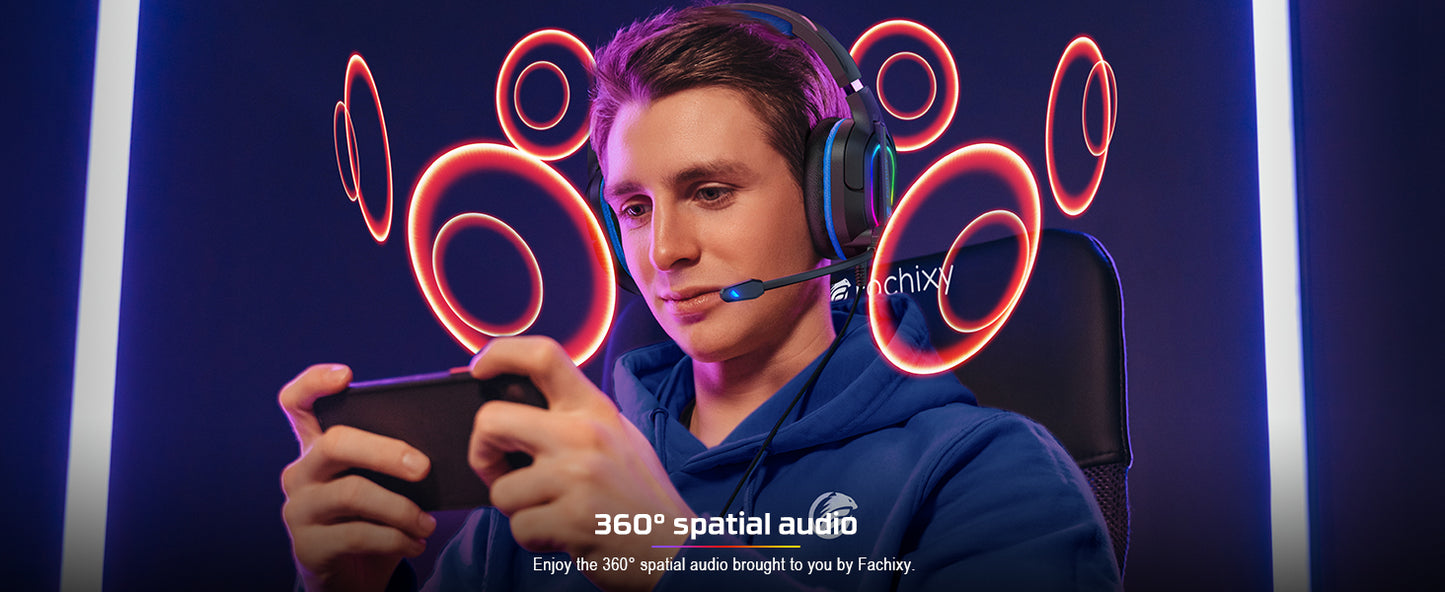 Fachixy FC200 Gaming Headset with Mic for PS4/PS5/PC/Mac/Xbox One, Noise Canceling Headset with Stereo Microphone Sound, Computer Headset with 3.5mm Jack & RGB Light