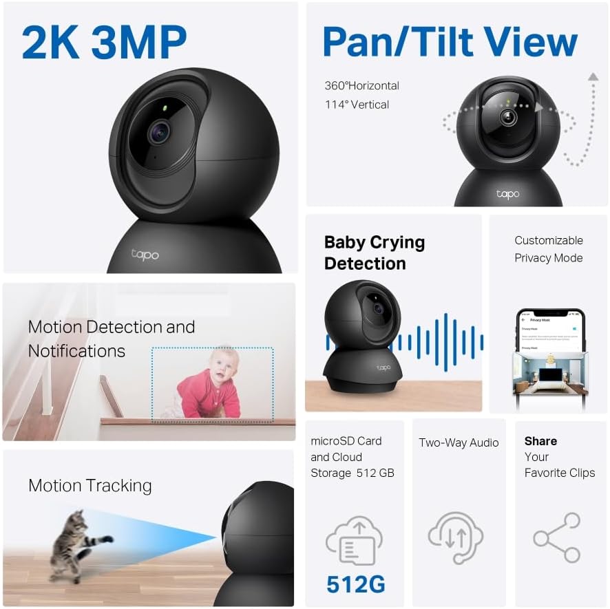 Tapo TP-Link 2K Pan/Tilt Indoor Security Camera Black C211