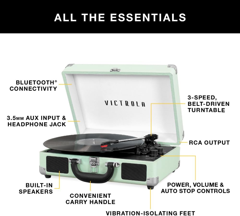 Victrola Journey Bluetooth Suitcase Record Player – 3-Speed Turntable, Built-in Speakers, Turquoise