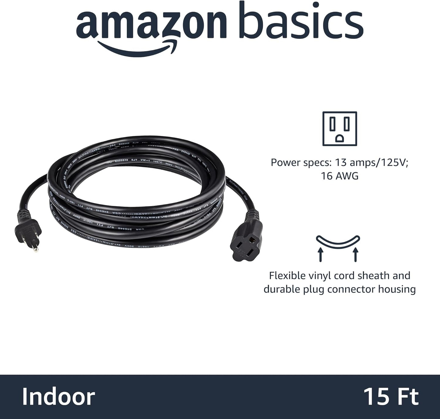 Amazon Basics Extension Cord, 15 ft 2-Pack – Black