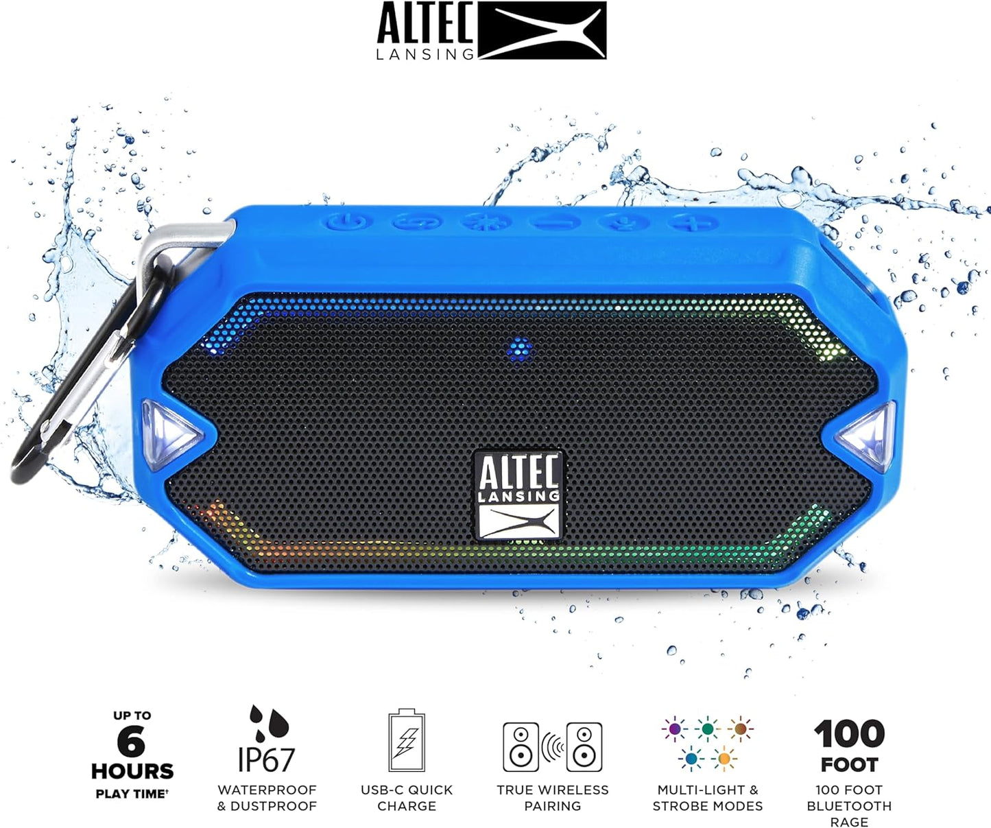 Altec Lansing HydraMini Bluetooth Speaker – Waterproof LED – Royal Blue – OPEN BOX
