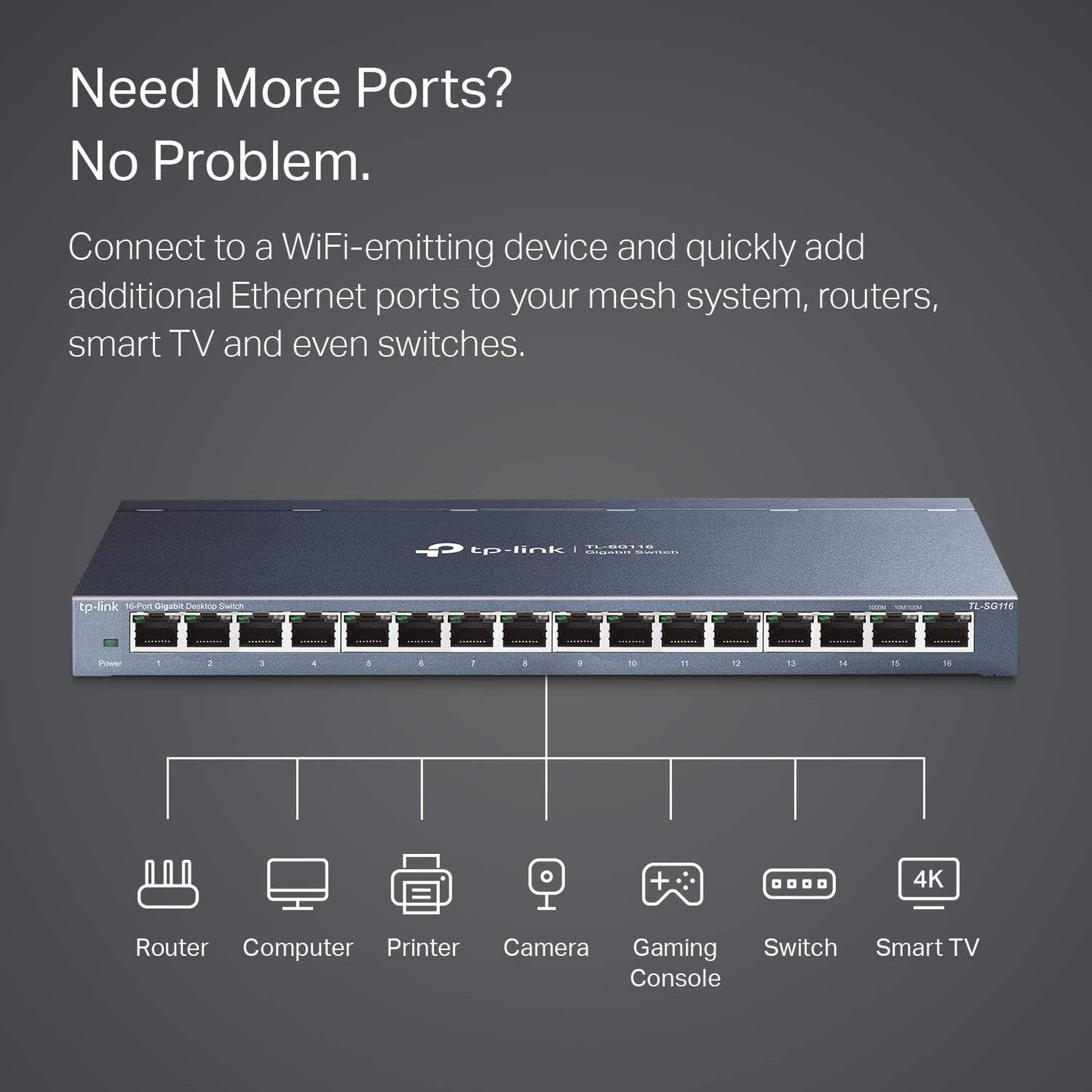 TP-Link TL-SG116 16-Port Gigabit Ethernet Switch – Fanless, Metal Case, Desktop/Wall-Mount