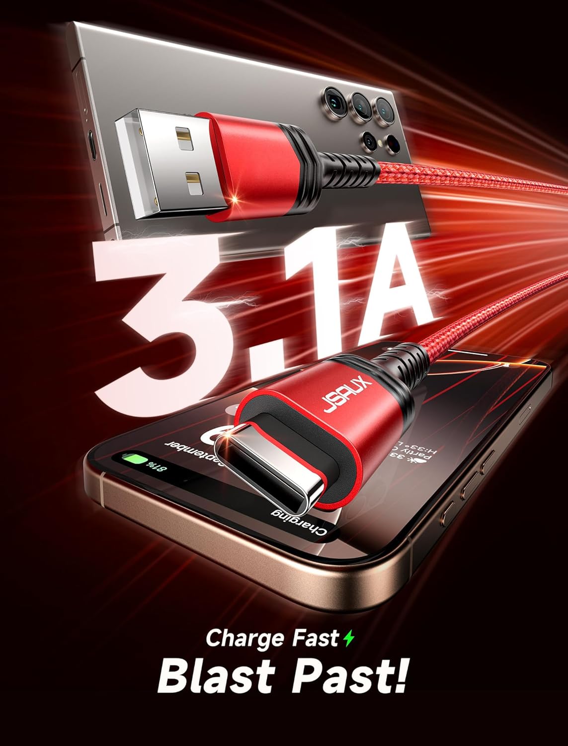 JSAUX USB C Cable 6.6FT 2-Pack, Fast Charging USB A to USB C Cord β Red