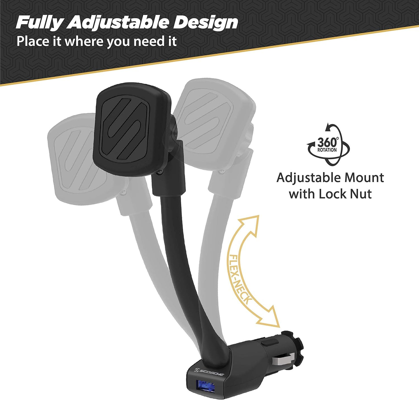 Scosche Magnetic Car Phone Mount w/ USB Charger– Adjustable Arm, 12V Socket Plug-In