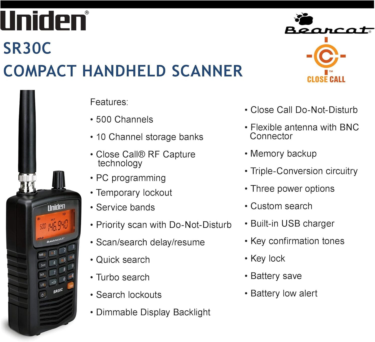 Uniden Bearcat SR30C Compact Handheld Scanner Radio (OPEN BOX)