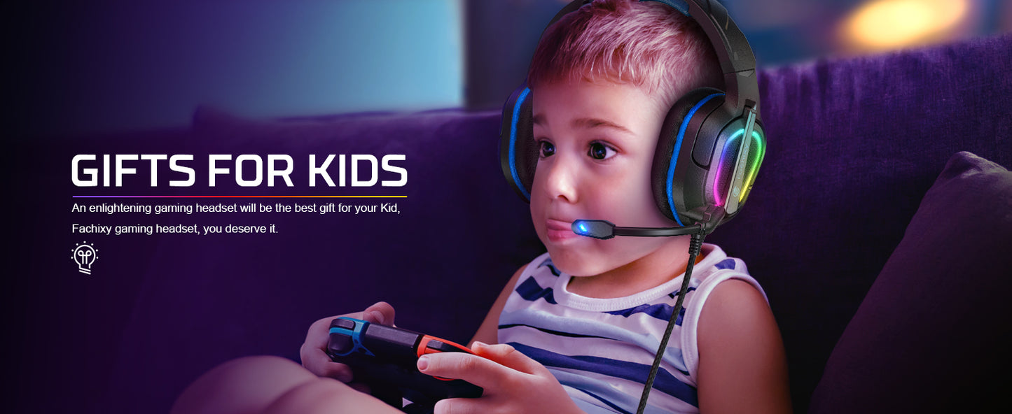 Fachixy FC200 Gaming Headset with Mic for PS4/PS5/PC/Mac/Xbox One, Noise Canceling Headset with Stereo Microphone Sound, Computer Headset with 3.5mm Jack & RGB Light