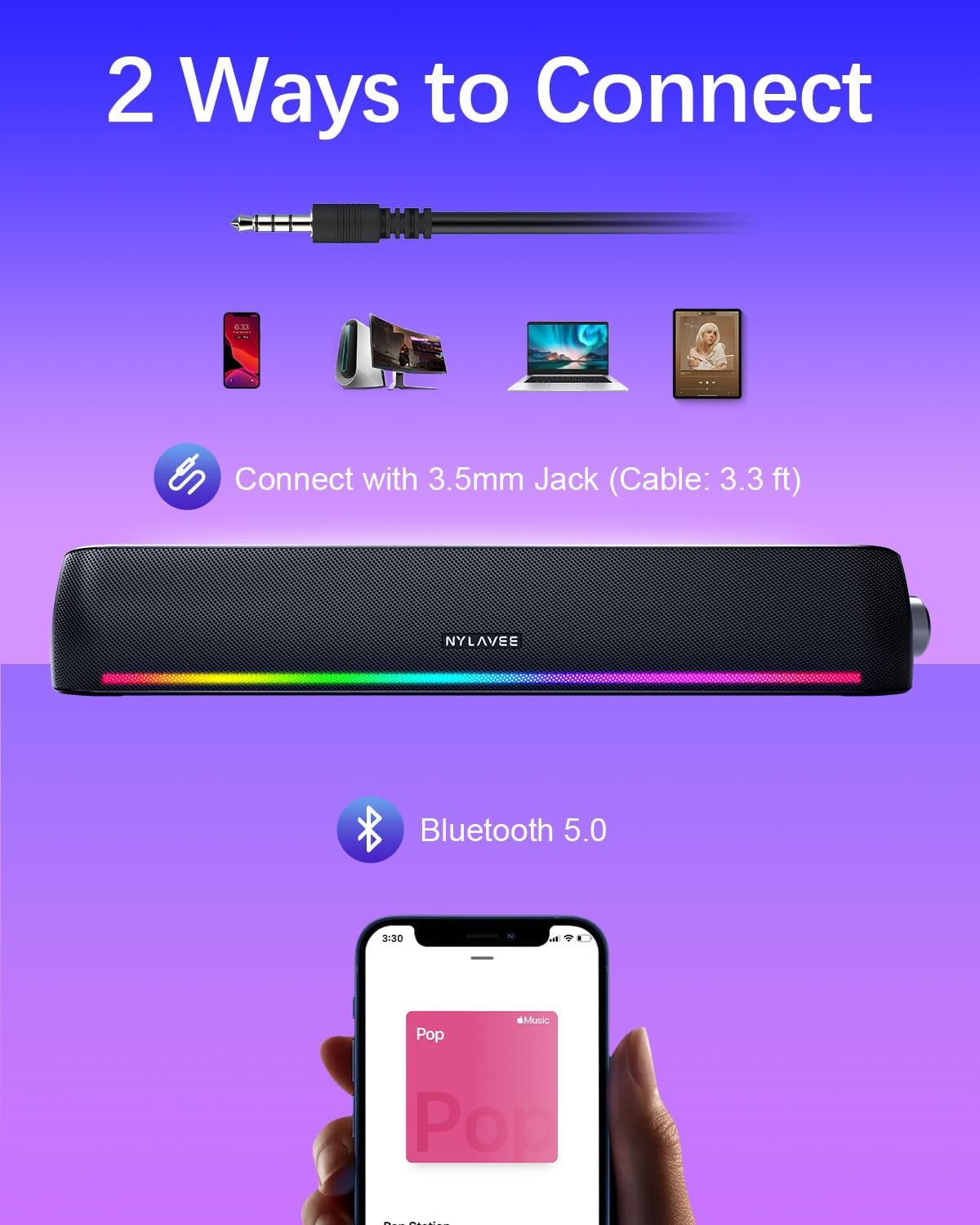 Nylavee Computer Speakers Hi-Fi Sound Computer Sound Bar (OPEN BOX)