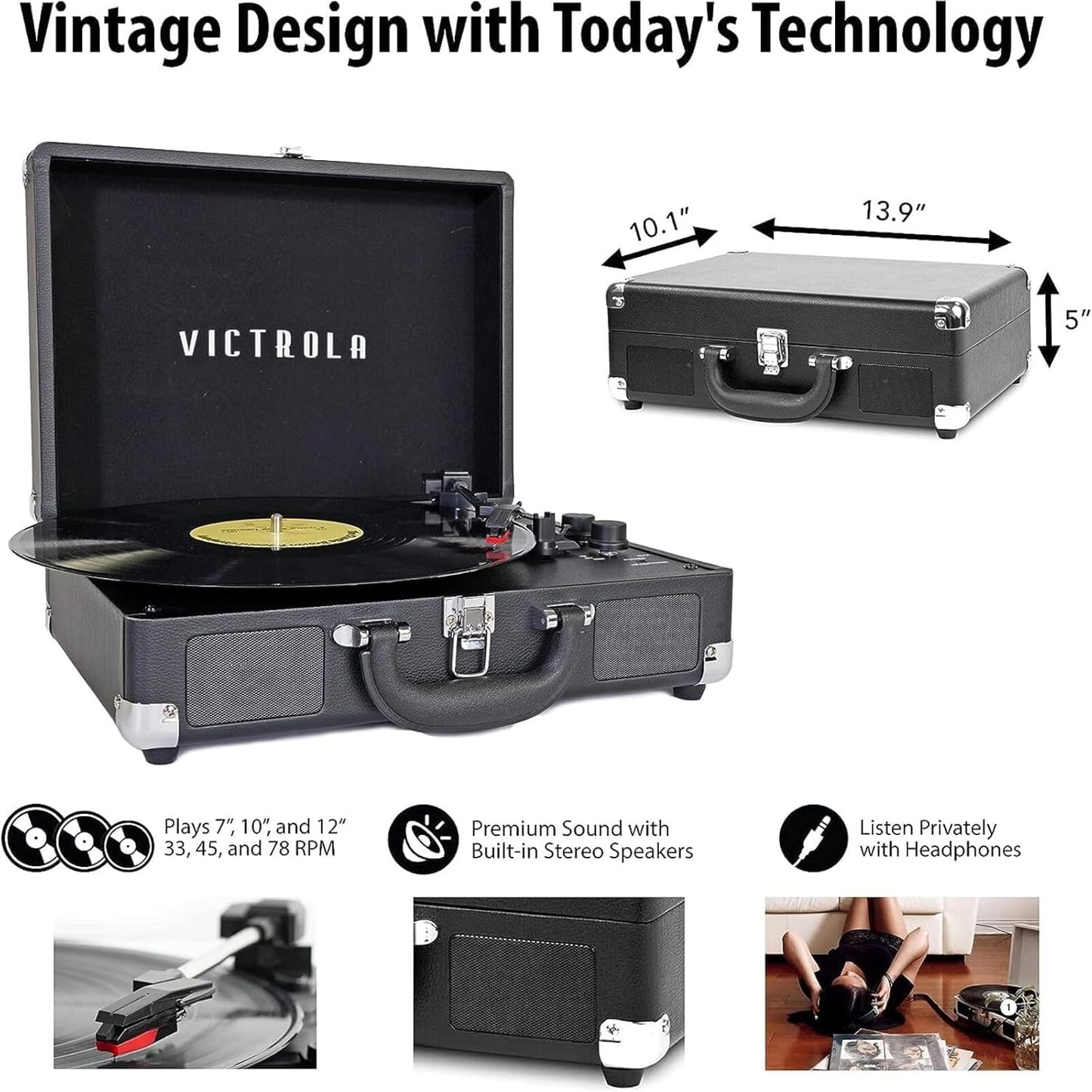 Journey+ Bluetooth Suitcase Record Player, Black (VSC-400SB-BLK-SDF) (OPEN BOX)