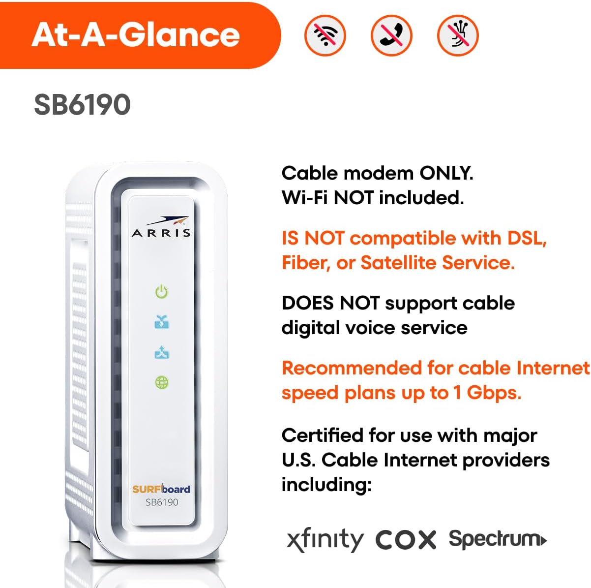 ARRIS SURFboard SB6190 DOCSIS 3.0 32 x 8 Gigabit Cable Modem