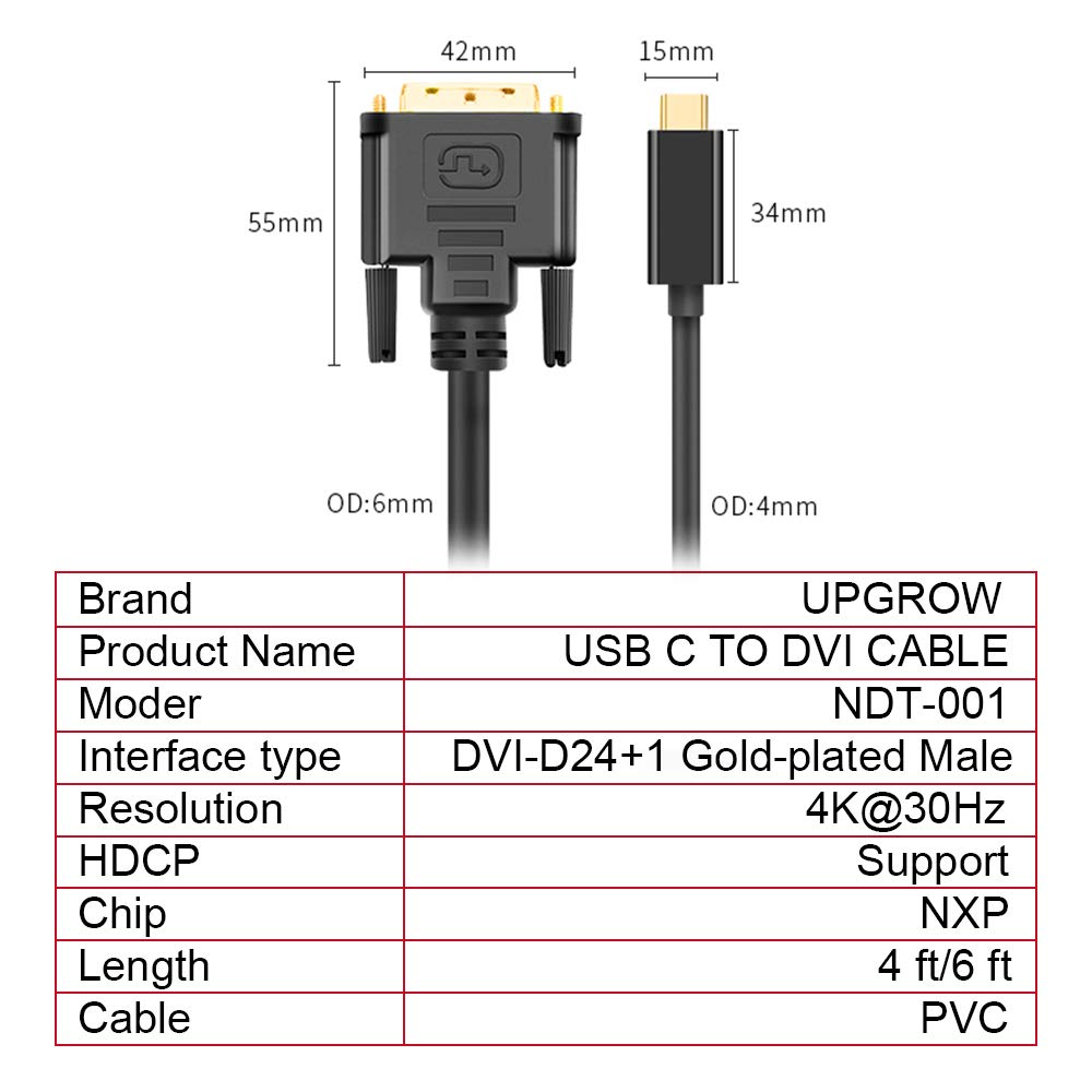 Upgrow USB C to DVI Cable 4K@30Hz Cable 4FT USB Type-C to DVI (OPEN BOX)
