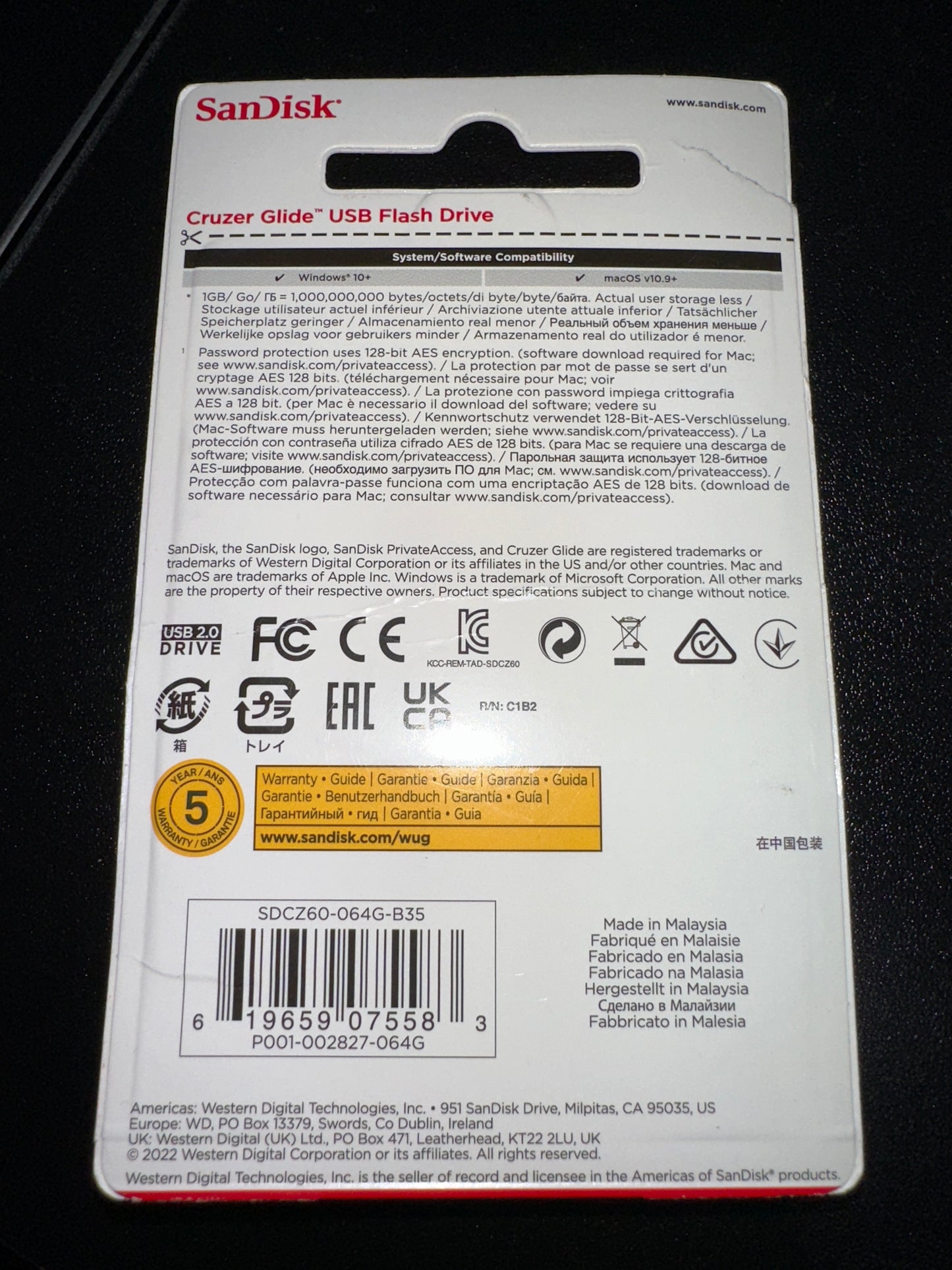 SanDisk Cruzer Glide USB 2.0 64GB Flash drive SDCZ60-064G-B35 (OPEN BOX-NO BOX)