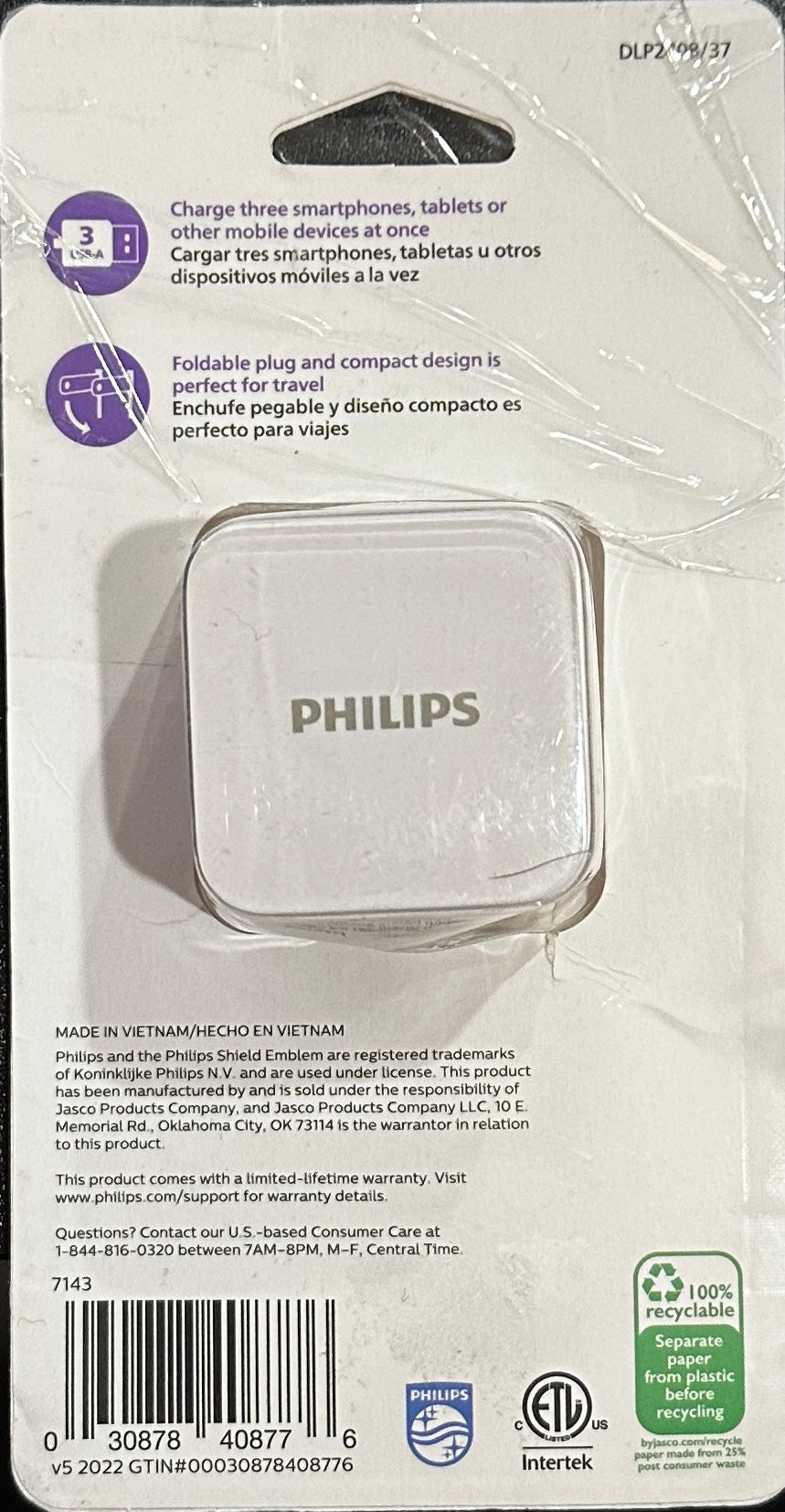 Philips 17W 3-Port USB-A Wall Charger Block