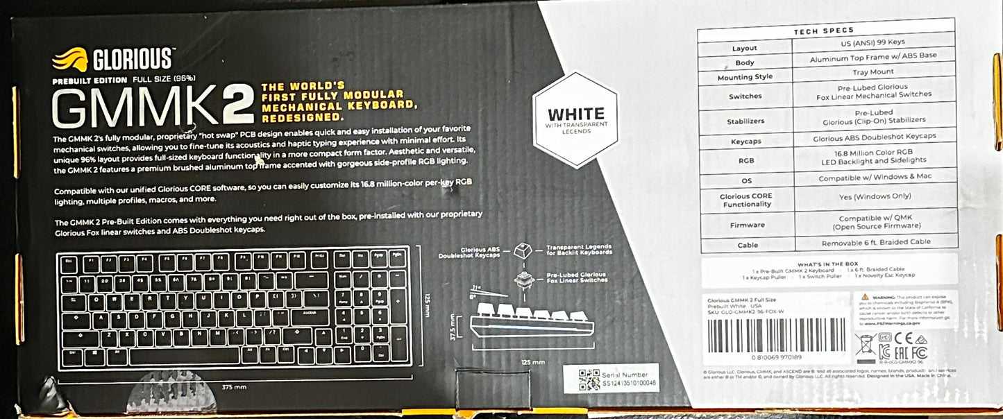 Glorious GMMK2 96% Fox Prebuilt Gaming Keyboard, White (OPEN BOX)