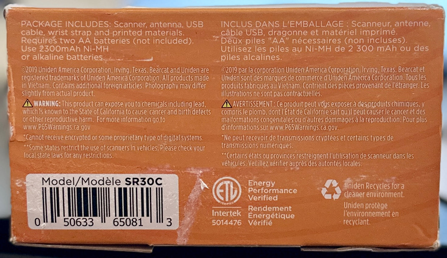 Uniden Bearcat SR30C Compact Handheld Scanner Radio (OPEN BOX)