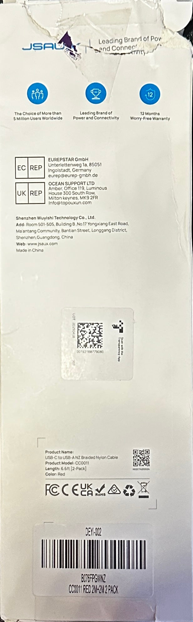 JSAUX USB C Cable 6.6FT 2-Pack, Fast Charging USB A to USB C Cord – Red