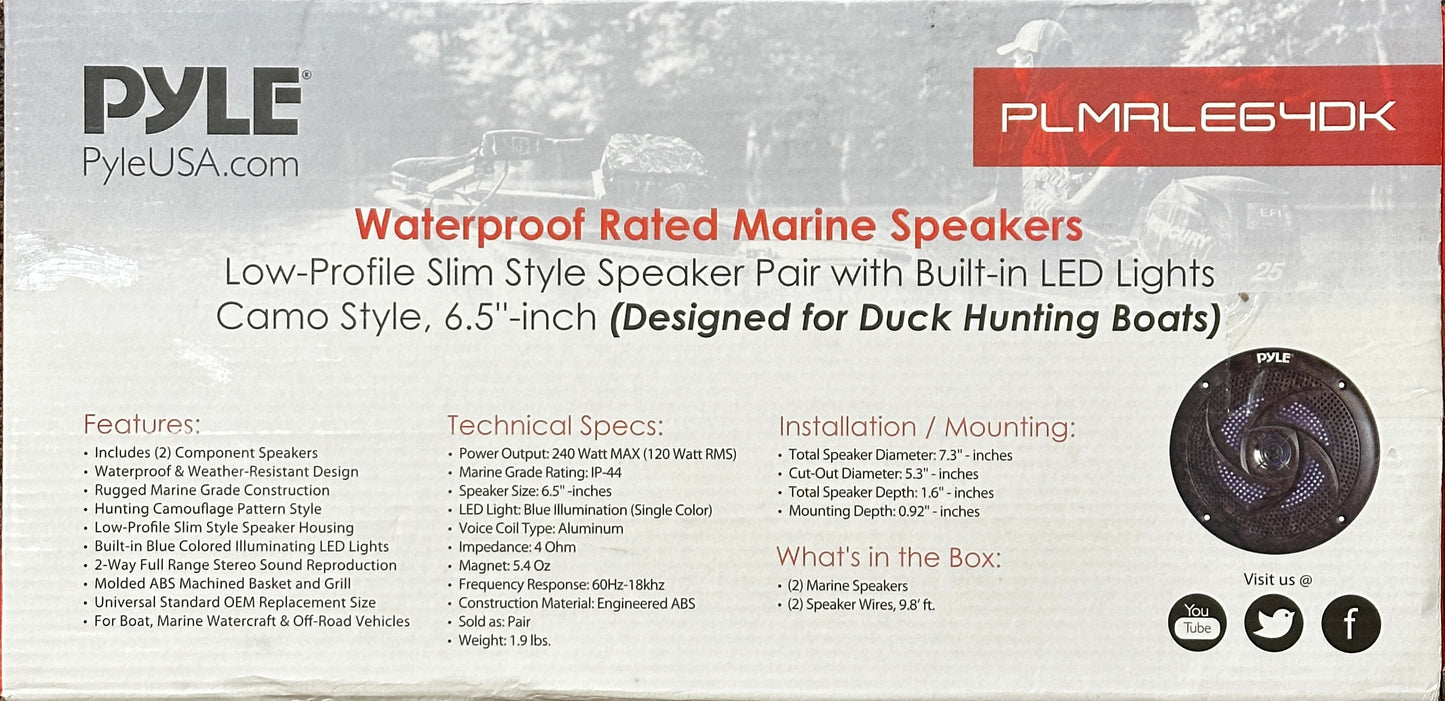 Pyle PLMRLE64DK Waterproof Camo Marine Built-in LED Lights Speakers 6.5'' Pair