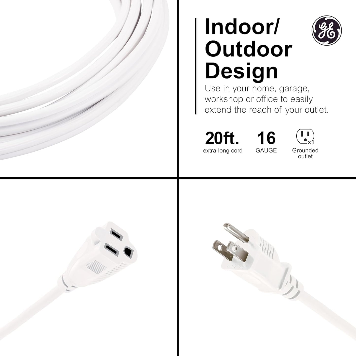 GE 20FT Outdoor Extension Cord 16AWG 3-Prong Heavy Duty Waterproof White