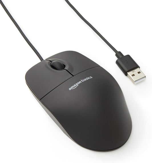 Amazon Basics USB Wired Optical Mouse – 3-Button, 1000 DPI, Black