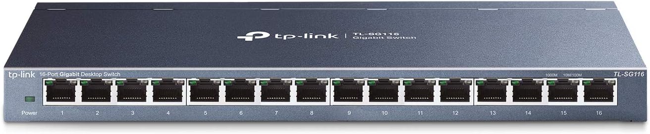 TP-Link TL-SG116 16-Port Gigabit Ethernet Switch – Fanless, Metal Case, Desktop/Wall-Mount