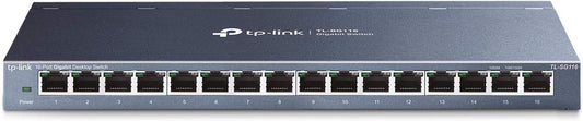 TP-Link TL-SG116 16-Port Gigabit Ethernet Switch – Fanless, Metal Case, Desktop/Wall-Mount