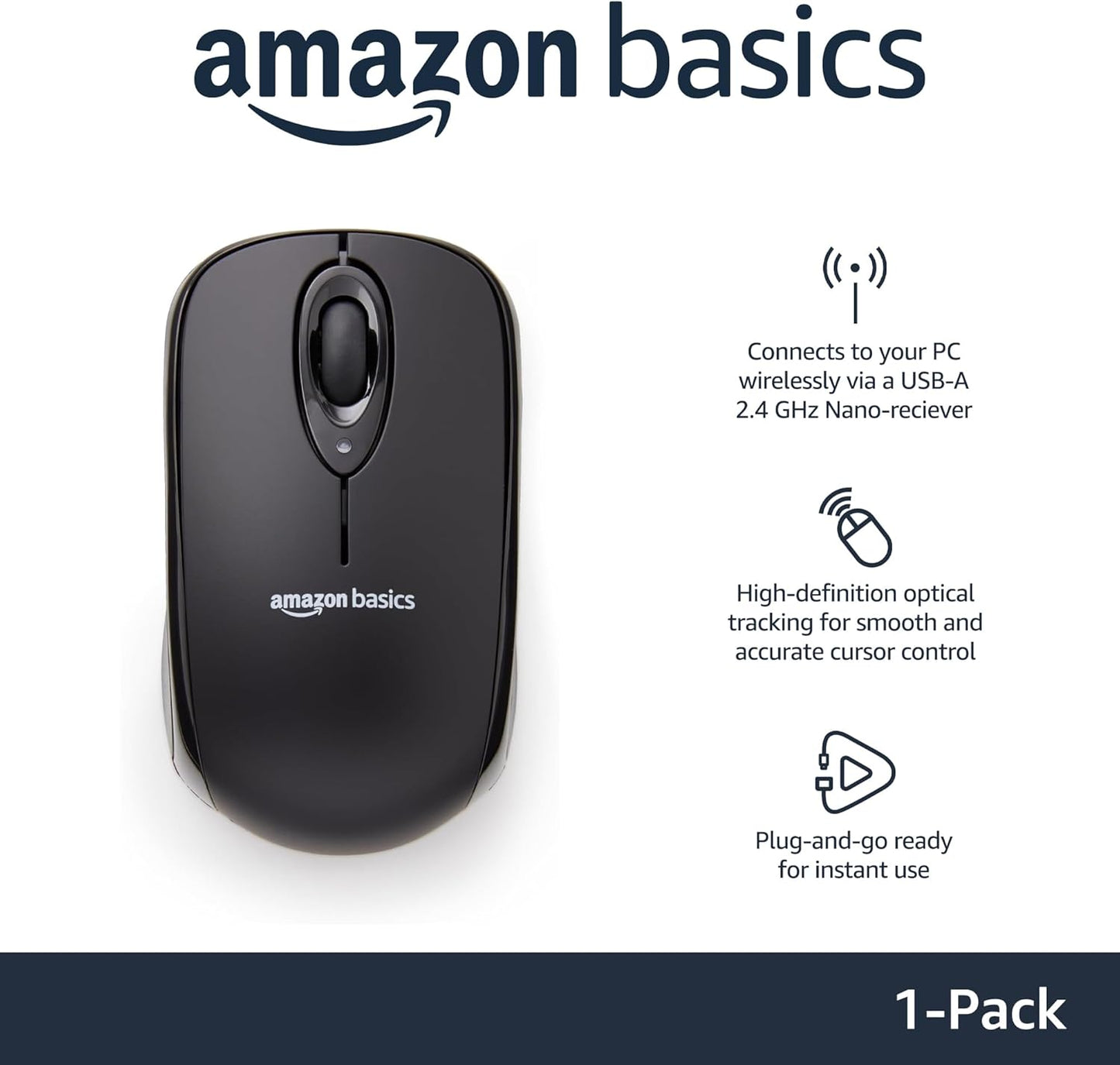 Amazon Basics 2.4GHz Wireless Optical Mouse – Nano Receiver, Black