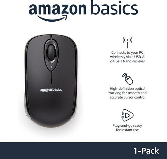 Amazon Basics 2.4GHz Wireless Optical Mouse – Nano Receiver, Black
