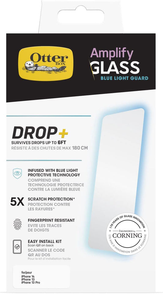 OtterBox AMPLIFY Antimicrobial Blue Light Glass Screen Protector for iPhone 14, iPhone 13, and iPhone 13 Pro