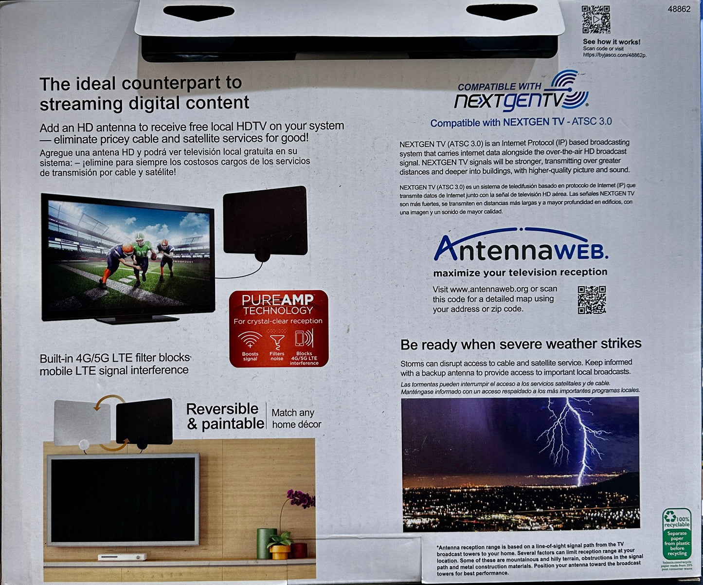 GE UltraPro-Thin Amplified Indoor TV Antenna – 55 Mile Range