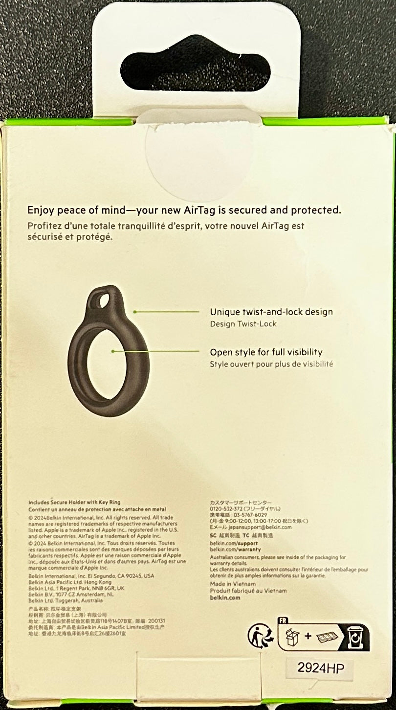 Belkin Waterproof AirTag Holder with Key Ring IPX8 Secure Case Black