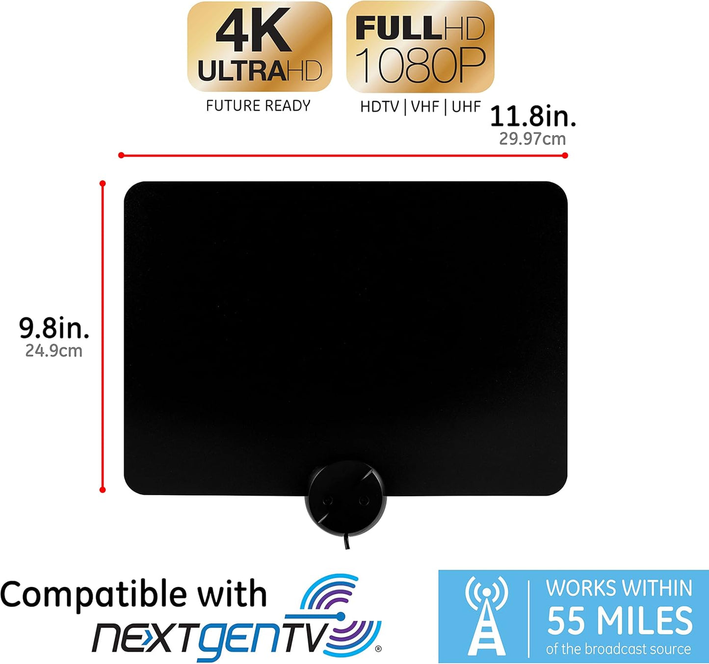 GE UltraPro-Thin Amplified Indoor TV Antenna – 55 Mile Range