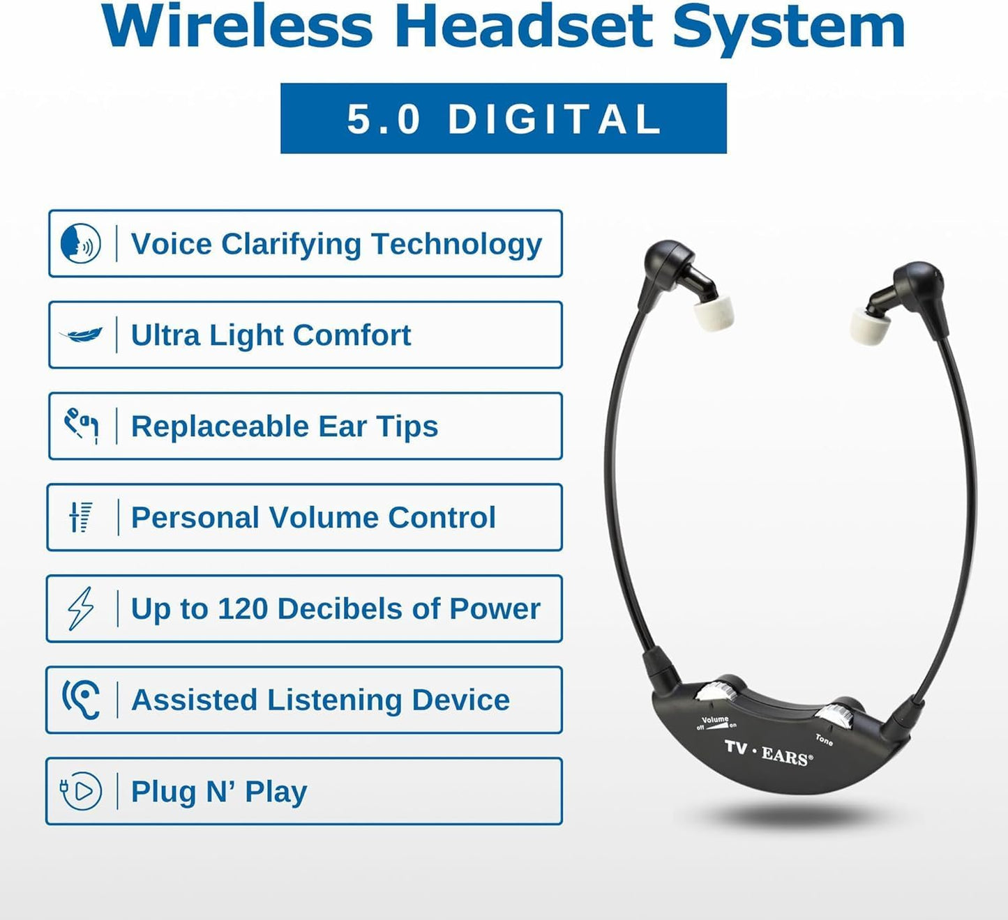 TV Ears Digital Wireless Headset System Seniors Hearing Aid Audio Device Model 11641