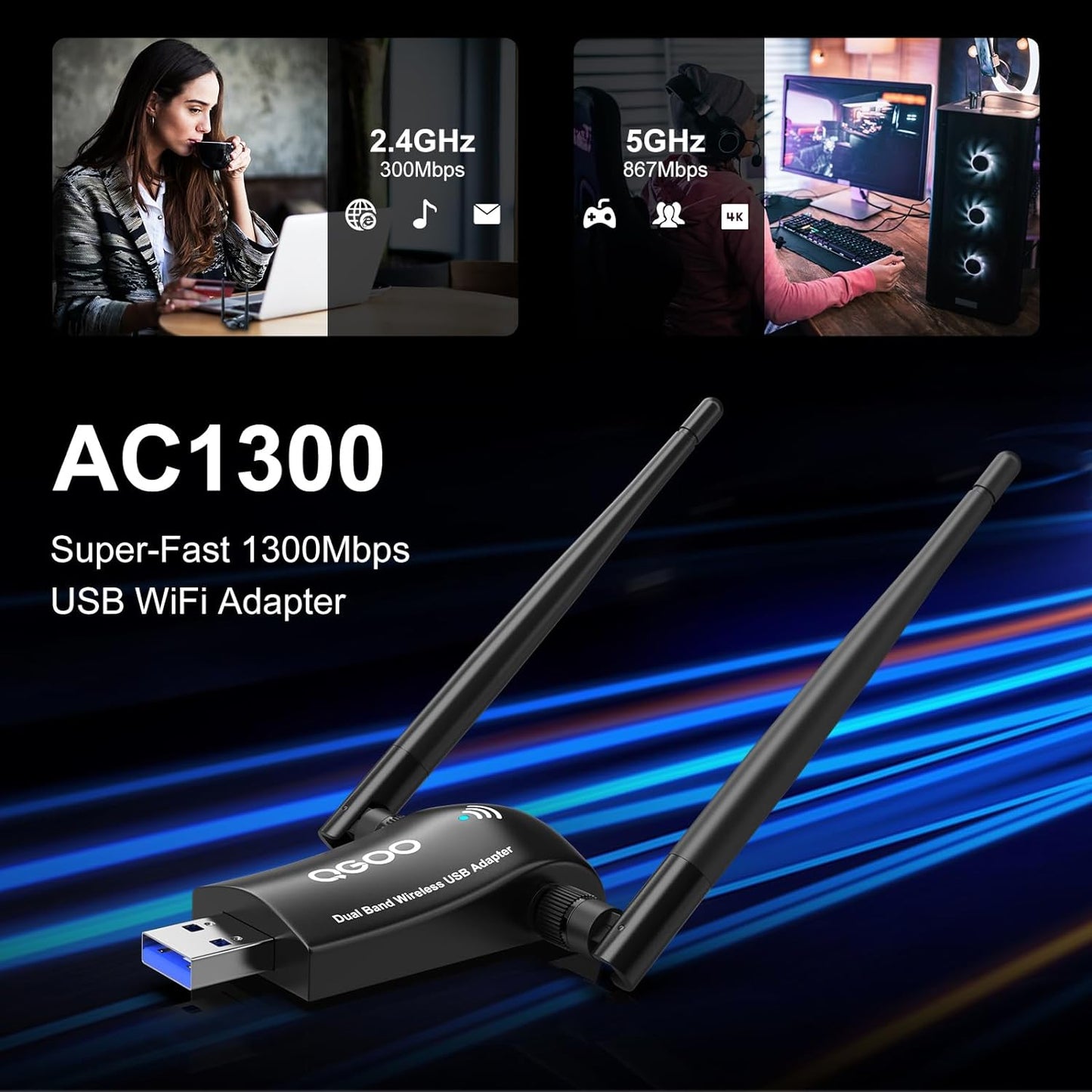 Wireless WiFi Adapter for Desktop PC - QGOO AC1300Mbps USB 3.0 Network Dongle with Dual 5dBi High Gain Antennas (OPEN BOX)
