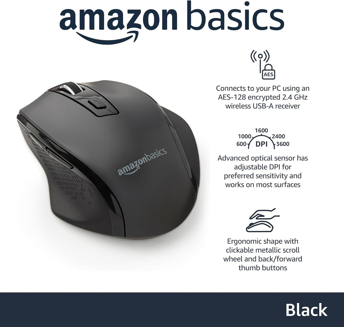 Amazon Basics Ergonomic 2.4 Ghz Wireless Optical PC Mouse DPI Adjustable Black (OPEN BOX)