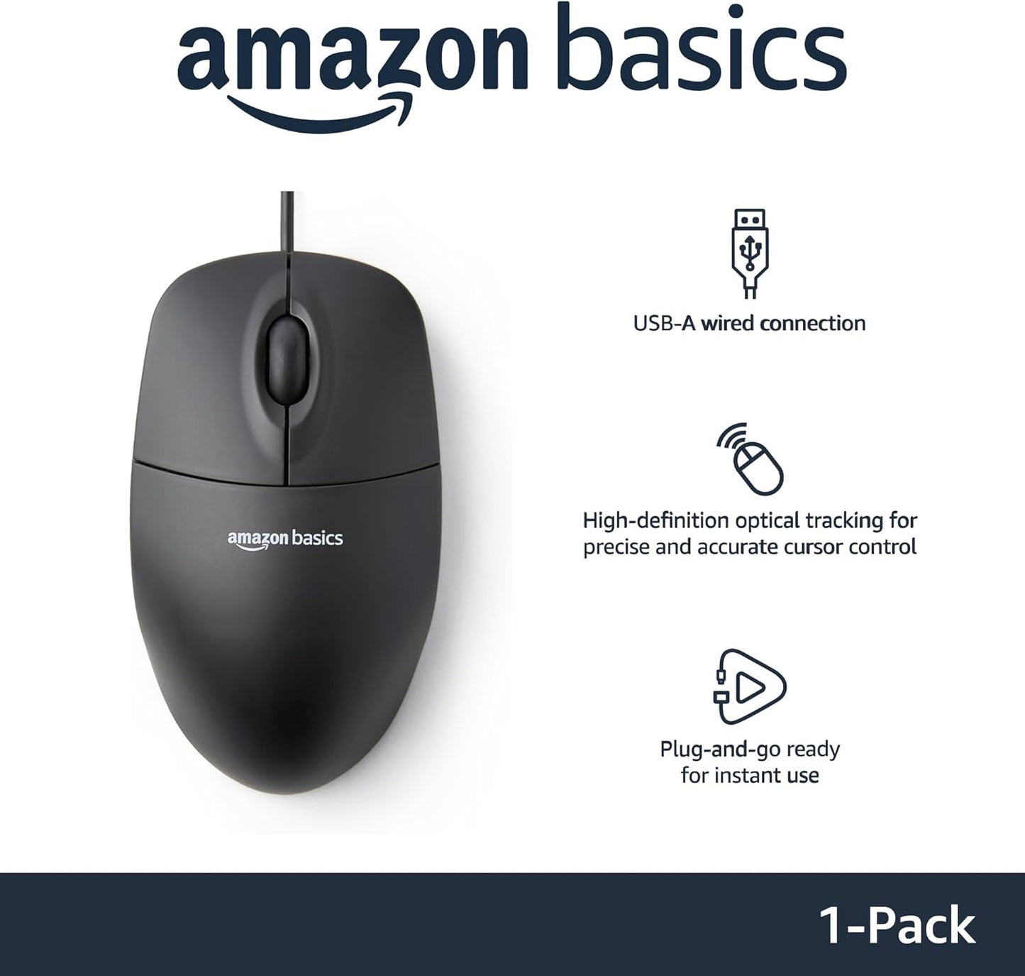 Amazon Basics USB Wired Optical Mouse – 3-Button, 1000 DPI, Black