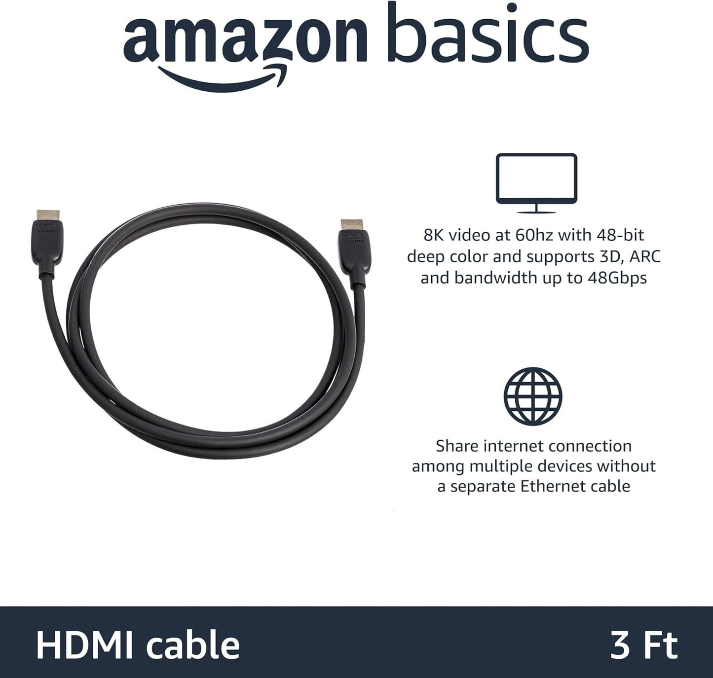 Amazon Basics HDMI Cable 48Gbps High-Speed, 8K@60Hz, 4K@120Hz, (OPEN BOX)