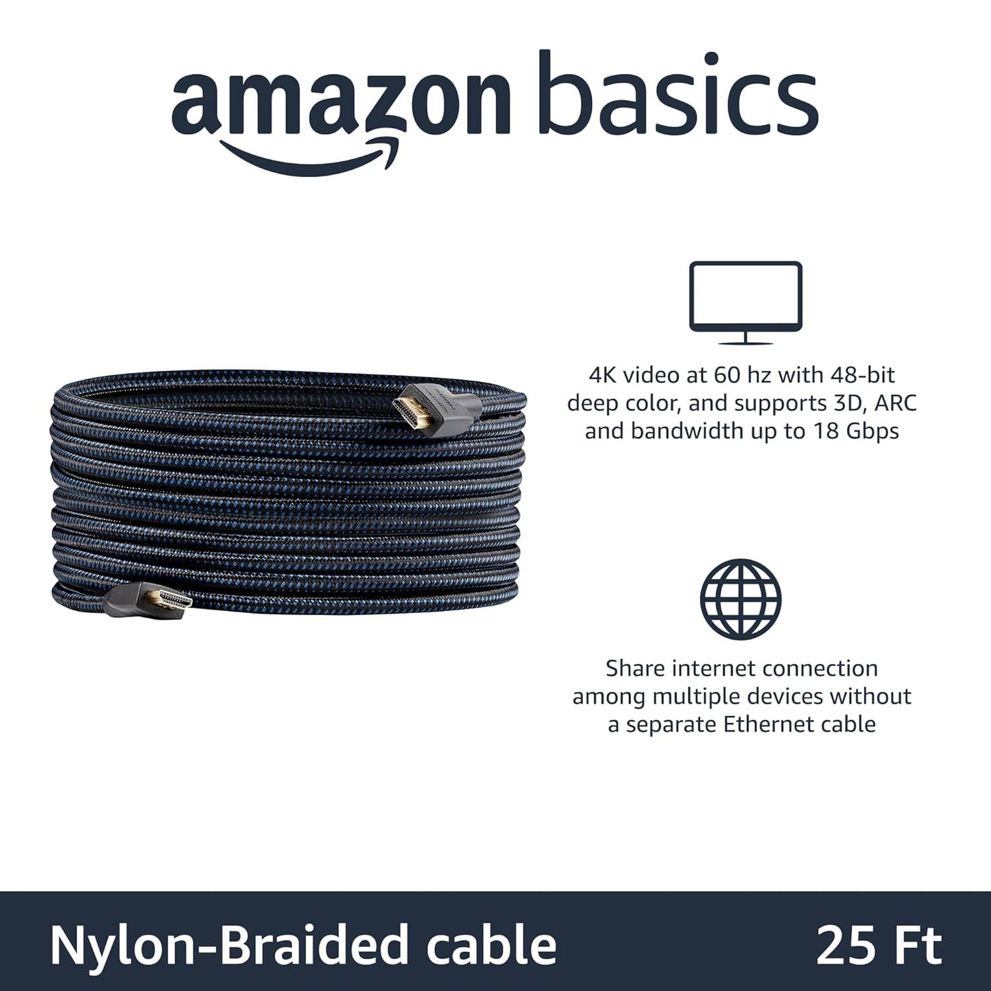 Amazon Basics High Speed 4K Ultra HD HDMI Nylon Braided Cable - 25 Feet (OPEN BOX)