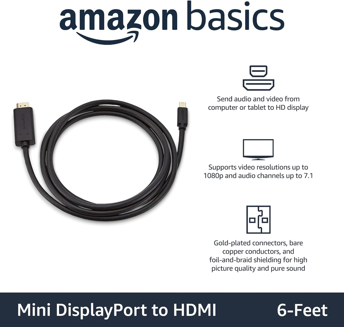 Amazon Basics Mini DisplayPort Male to HDMI Male Cable-1080p-Gold-Plated Connectors-6 Feet