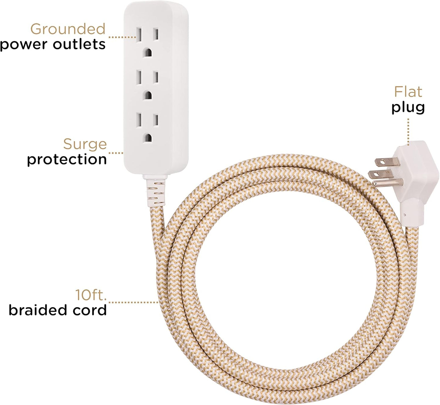 Cordinate 10 ft. 16/3 Designer 250J 3-Outlet Surge Protector Power Strip, White