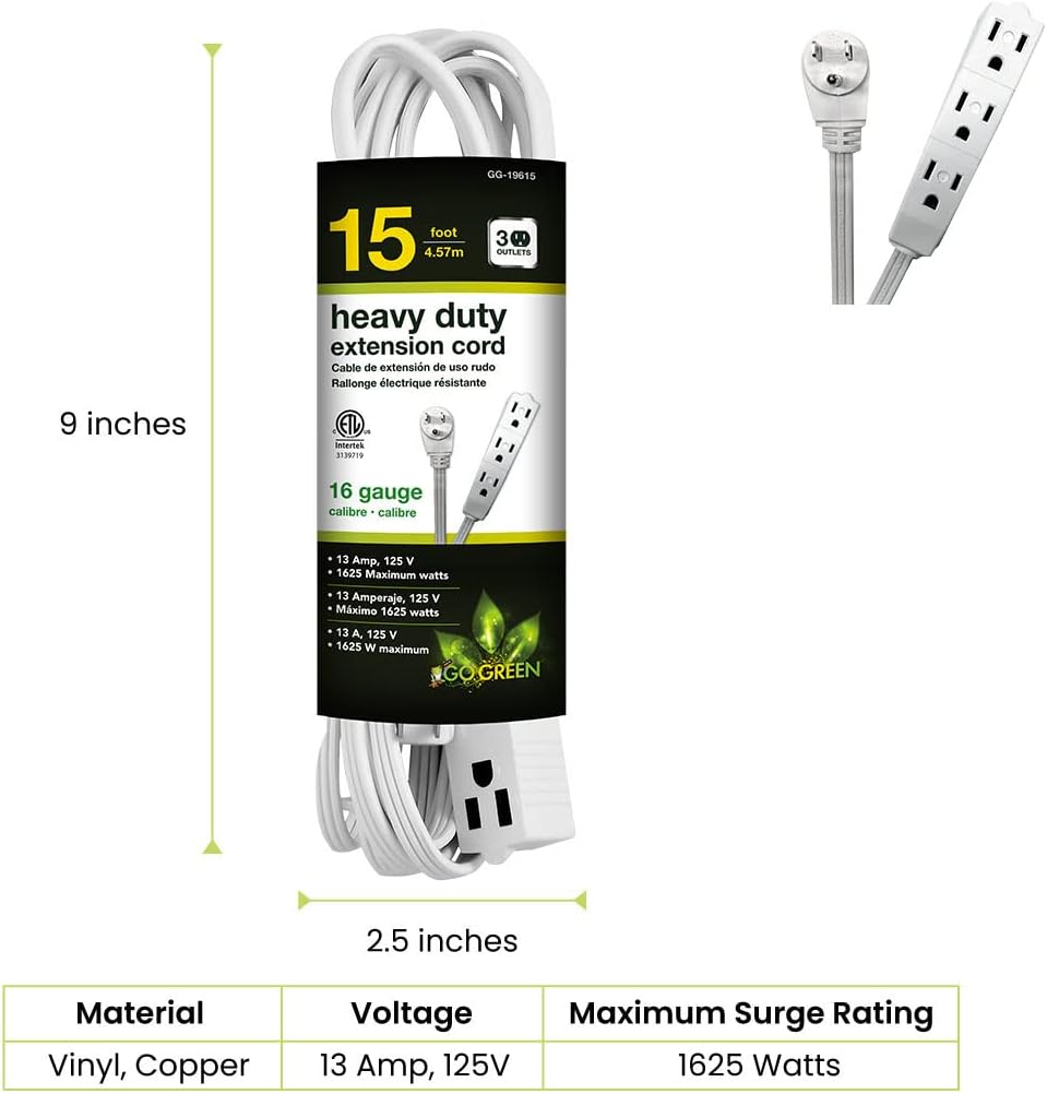 Go Green Power Inc. 15ft Extension Cord with 3 Outlets White