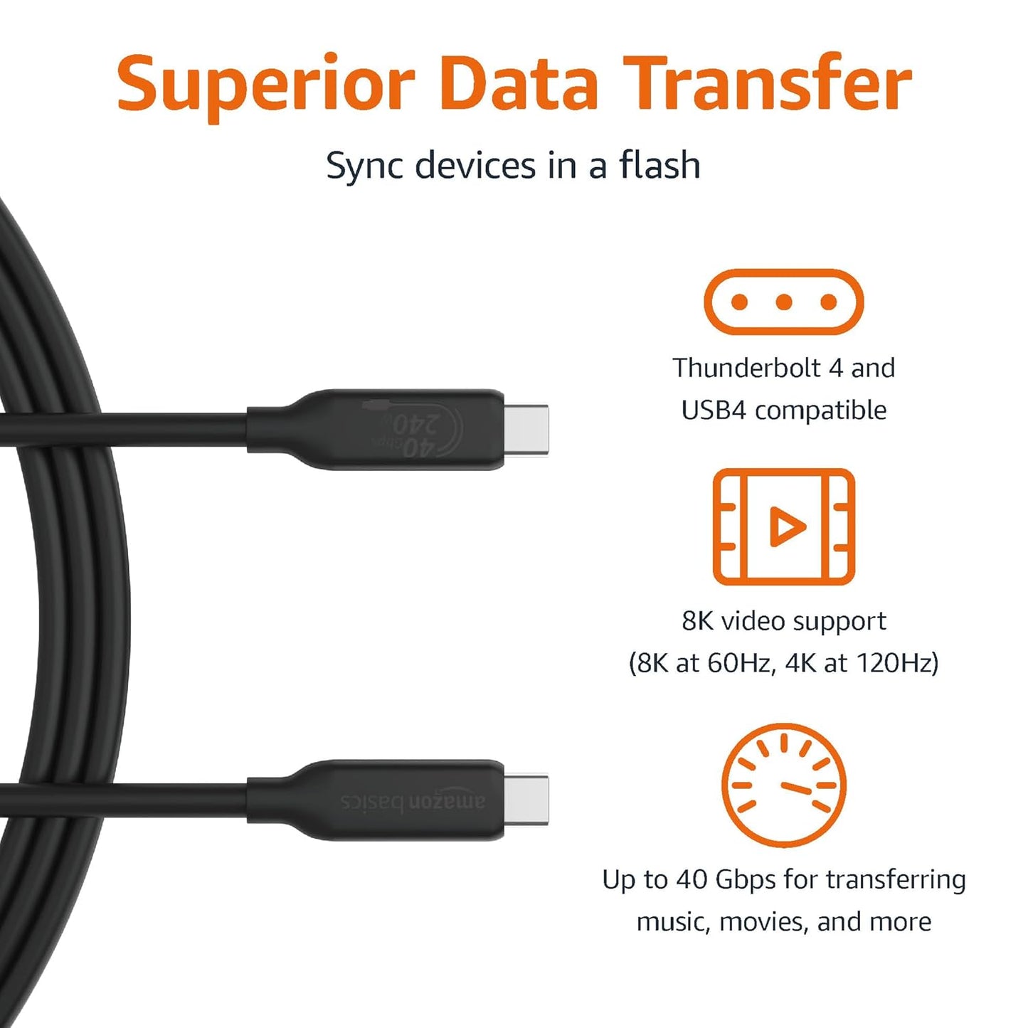 Amazon Basics USB-C to USB-C 4 Fast Charging Cable, 40Gbps, 8K Video, 240W (OPEN BOX)