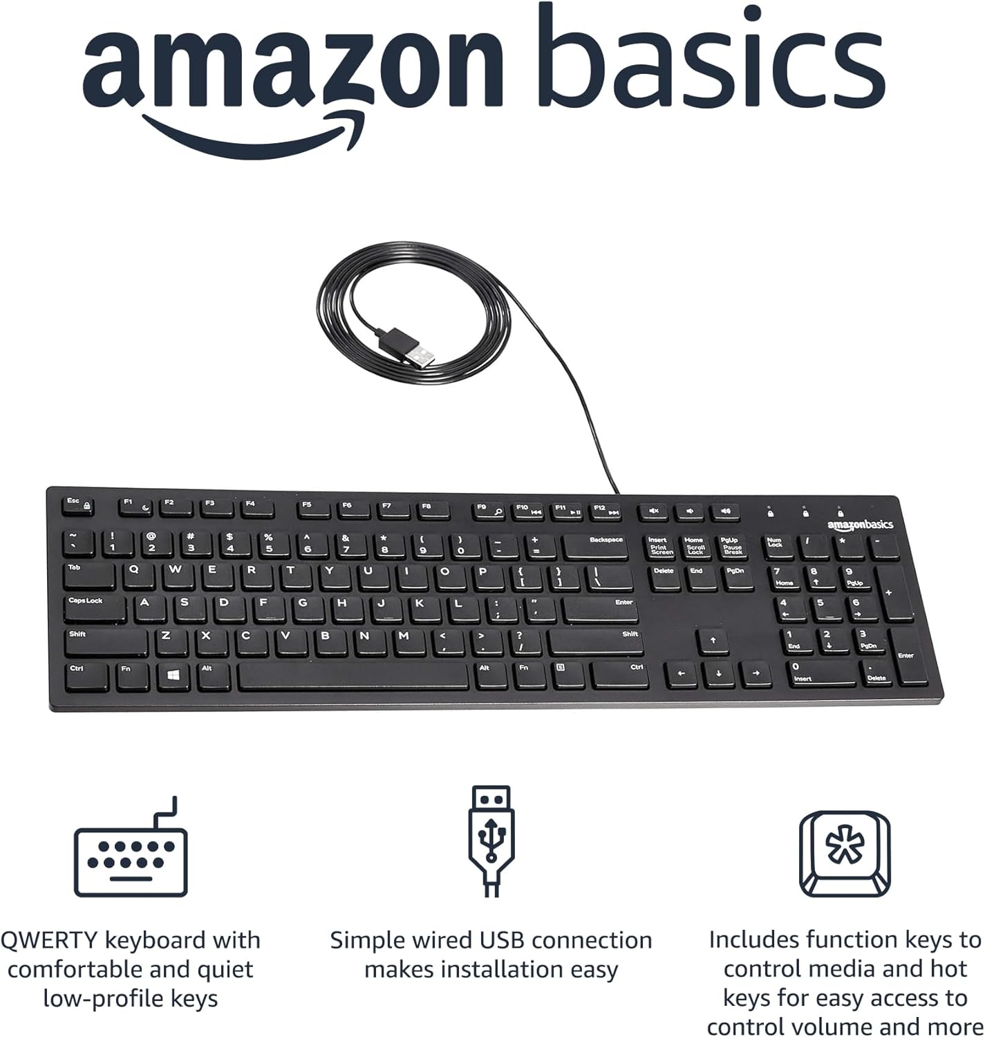 Amazon Basics Wired Keyboard Full-Sized QWERTY Layout Black