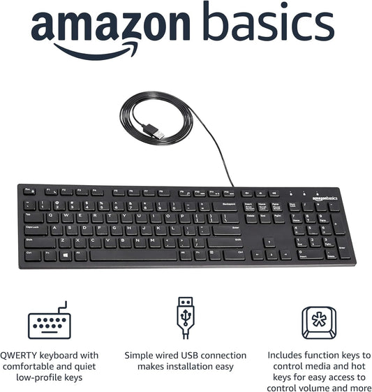 Amazon Basics Wired Keyboard Full-Sized QWERTY Layout Black