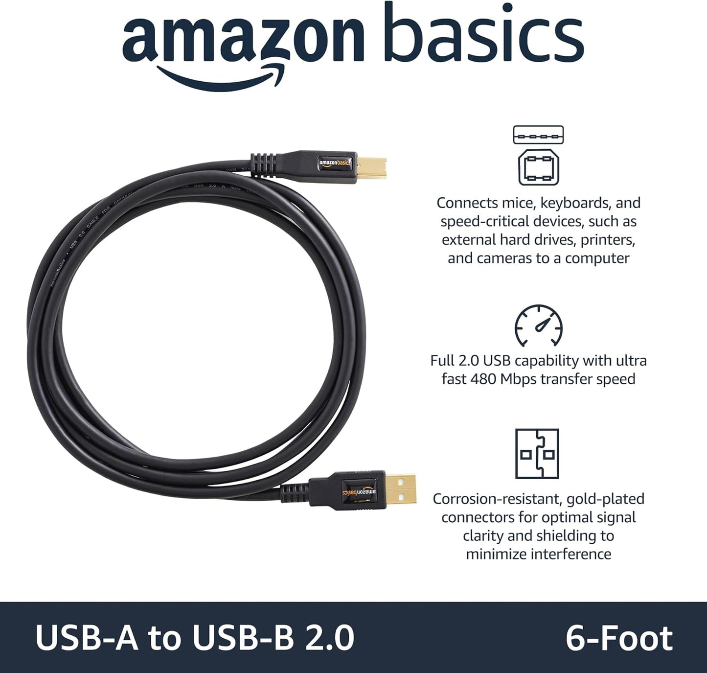 Amazon Basics USB-A to USB-B 2.0 Cable with 480 Mbps Transfer Speed for Printer