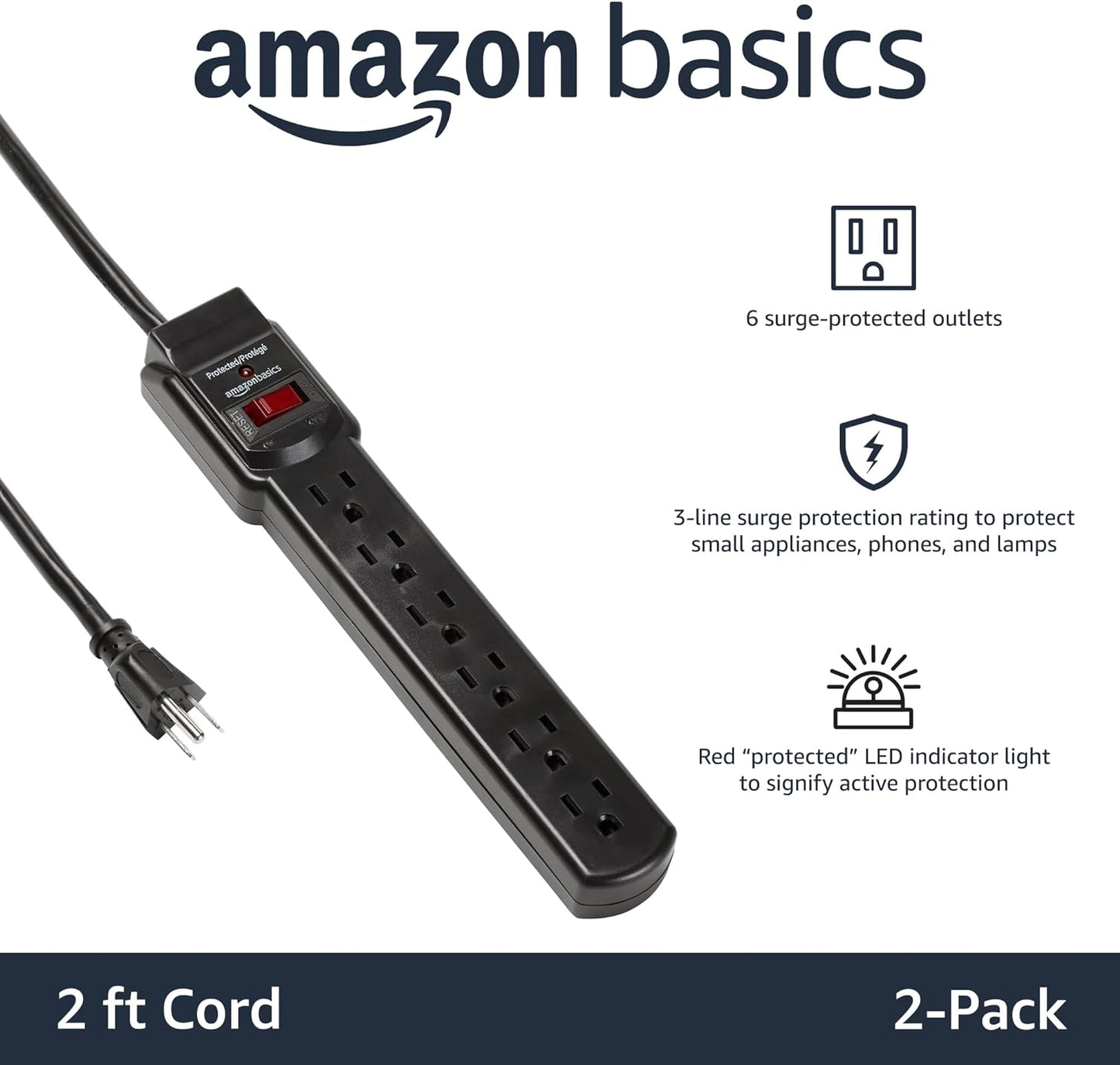 Amazon Basics 6-Outlet Surge Protector Power Strip 2-Pack Black
