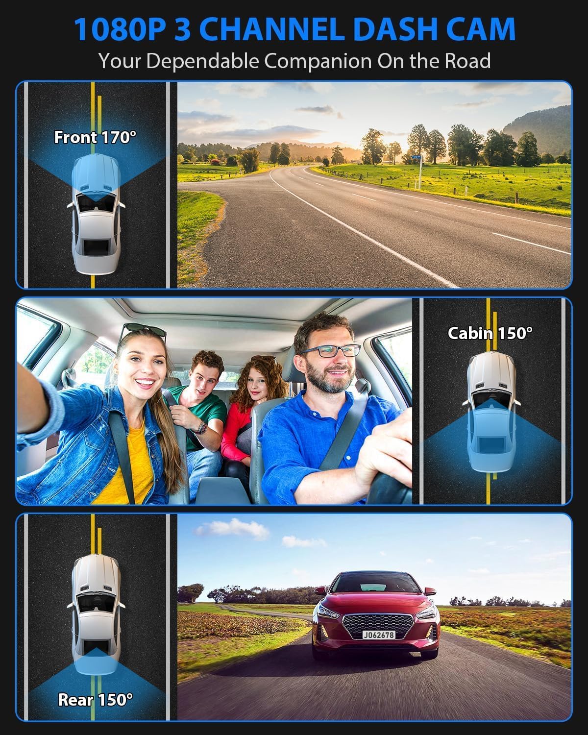 SUVCON 1080p Dash Cam - Front and Inside Triple Dash
