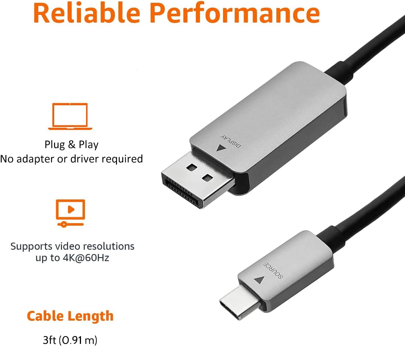 Amazon Basics Aluminum USB-C to DisplayPort Cable - 3-Foot